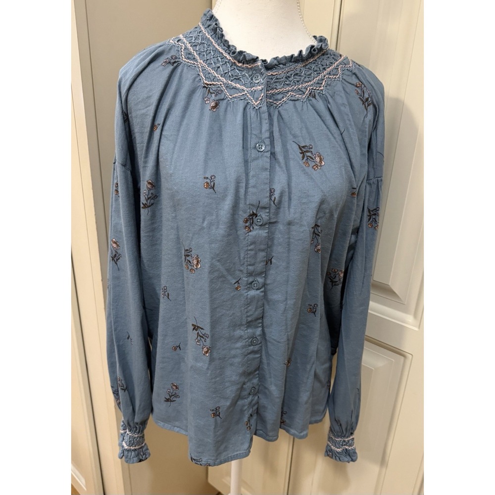 Ana Floral Boho‎ Peasant Blouse Blue Long Sleeve Smocked Neck Cottagecore Size L